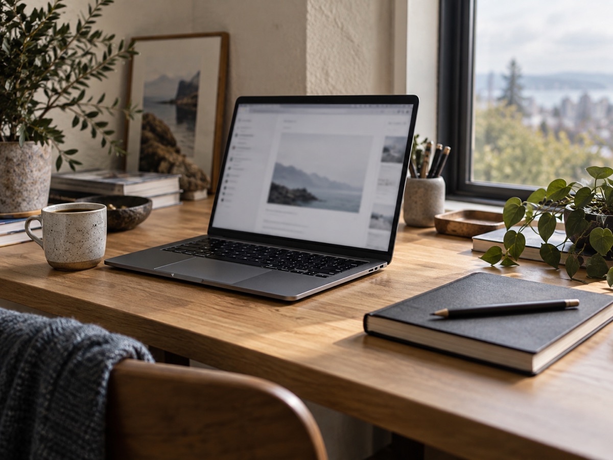 Illustrative workspace: a laptop, notebook, and coffee on a wooden desk by a window